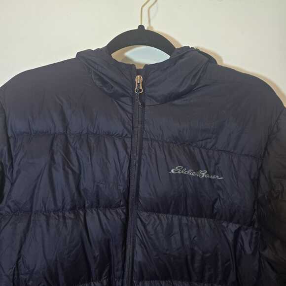 Eddie Bauer EB650 Men’s Hooded Down Puffer Jacket Size M Navy 650 Fill Quilted - Picture 3 of 10
